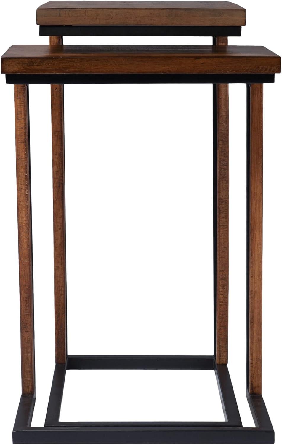 Set of Two 25" Brown Wood and Black Metal Nested End Tables