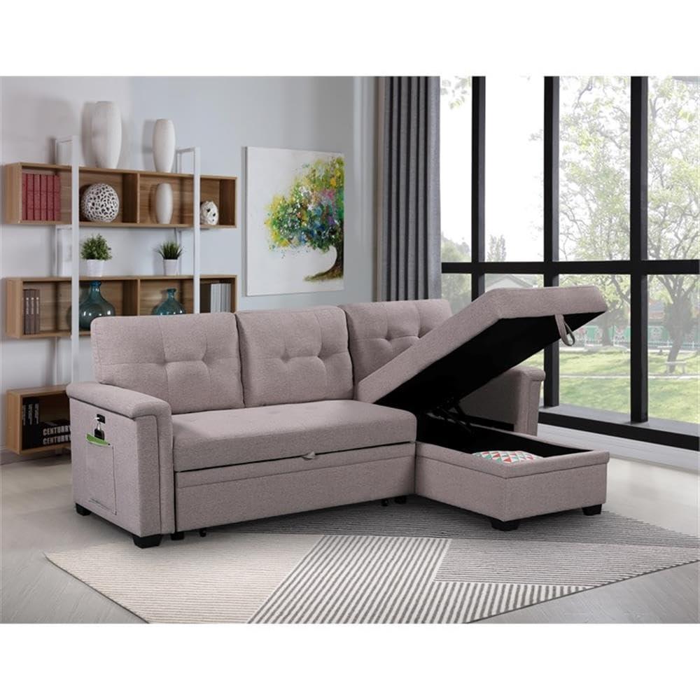 Bowery Hill Reversible Sleeper Sofa with Storage/USB Charging Port in Gray