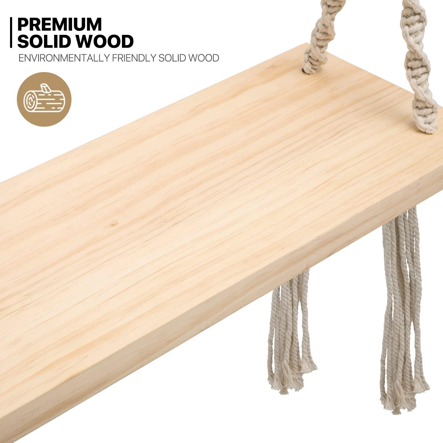 MoNiBloom Wooden Swing, Outdoor Flat Bench Seat with Metal Ring, Tree Swing with 350lbs Load for Adult Kids Garden Yard Indoor Outdoor, Beige