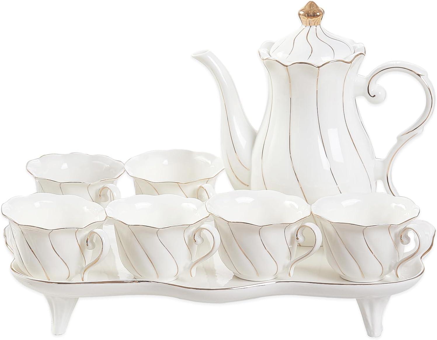 14 Pcs Tea Set For 6 With Tea Tray & Spoons, Luxury British Style Tea/Coffee Cup Set With Golden Trim, Beautiful Porcelain Tea Set For Living Room Decor, Tea Party Set, Gift Package - White