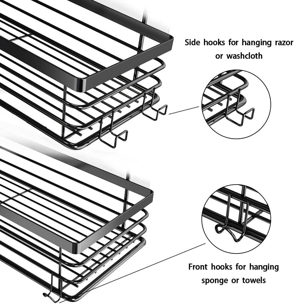Orimade Shower Caddy with 5 Hooks for Hanging Razor and Sponge Adhesive Shower Shelf Basket Bathroom Storage Organizer Kitchen Rack No Drilling Stainless Steel Rustproof - 2 Pack,Black