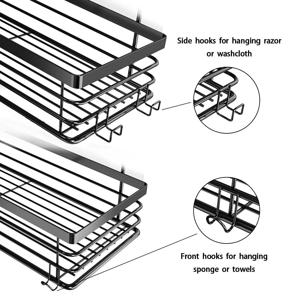 Orimade Shower Caddy with 5 Hooks for Hanging Razor and Sponge Adhesive Shower Shelf Basket Bathroom Storage Organizer Kitchen Rack No Drilling Stainless Steel Rustproof - 2 Pack,Black