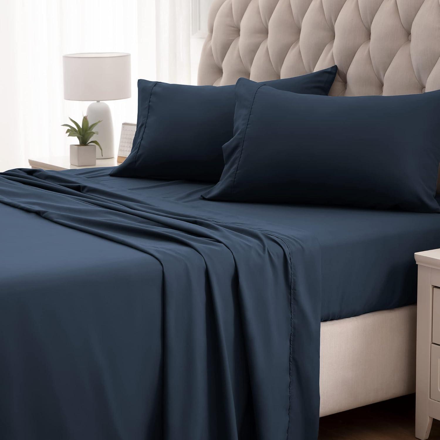 Navy Blue Deep Pocket Queen Cotton Microfiber Sheet Set