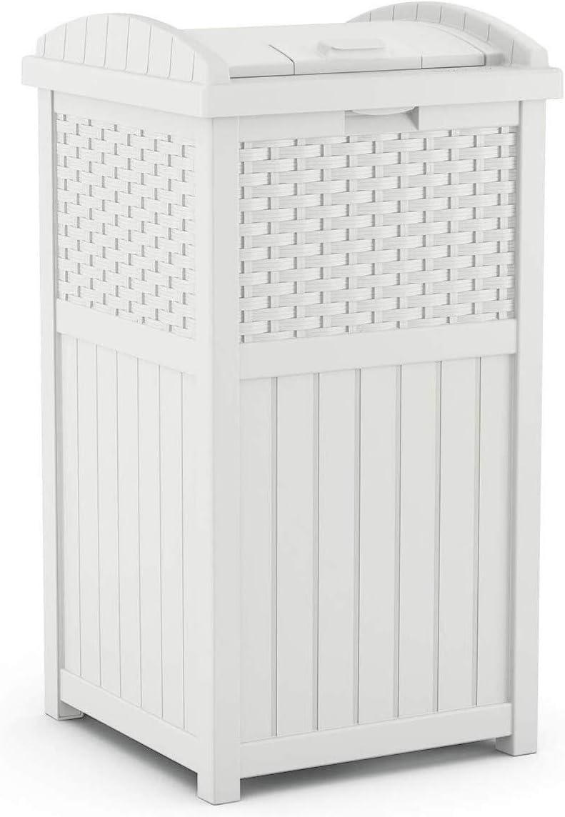 Suncast Wicker Resin Outdoor Hideaway Trash Can Bin with Latching Lid for Use in Backyard, Deck, or Patio, White (2 Pack)