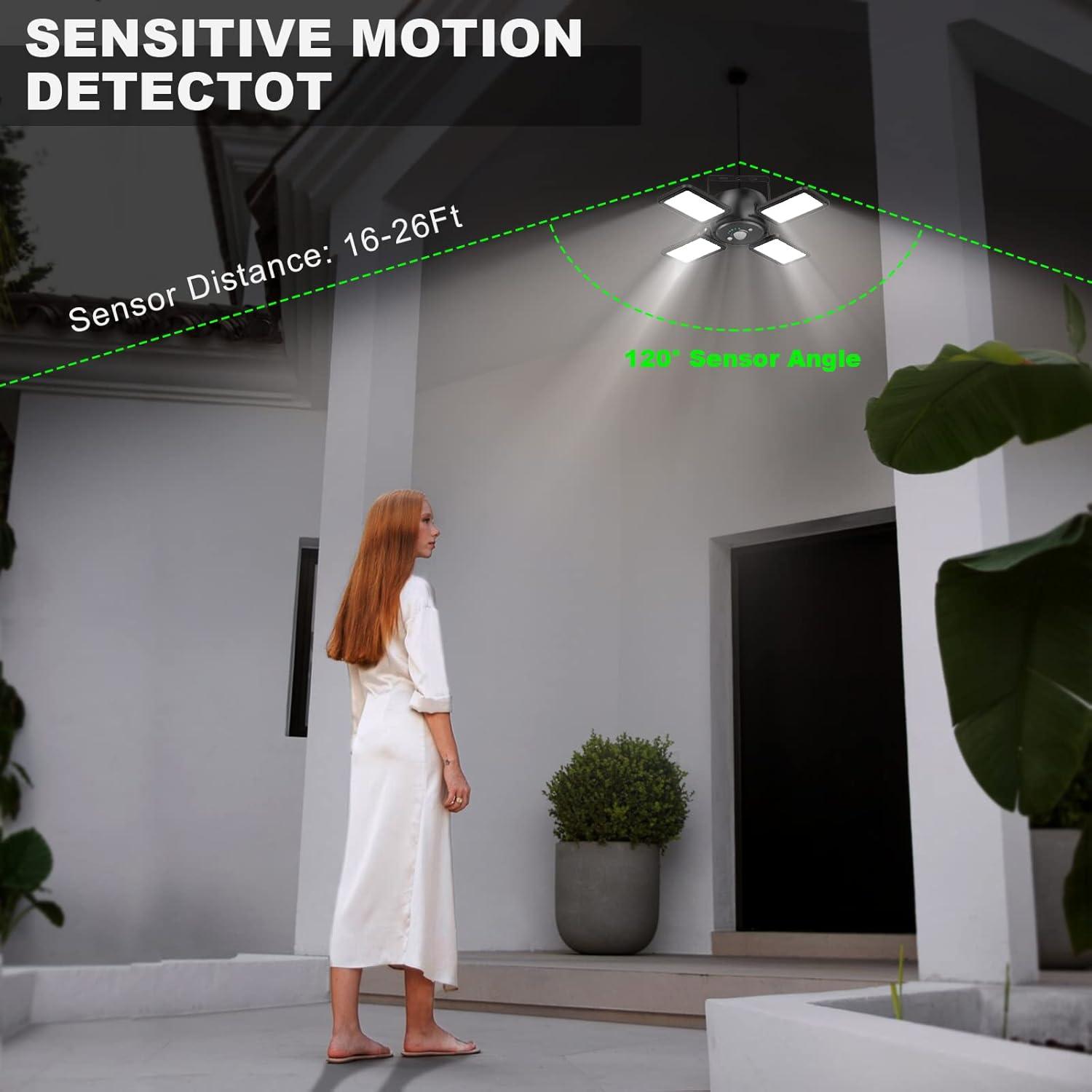 Solar Shed Light Outdoor Indoor Solar Powered Motion Sensor Pendant Light,144LED 1200LM Daytime Work with 5 Modes & Remote Control 4 Heads IP65 Waterproof for Garage Barn Shop 2 Pack