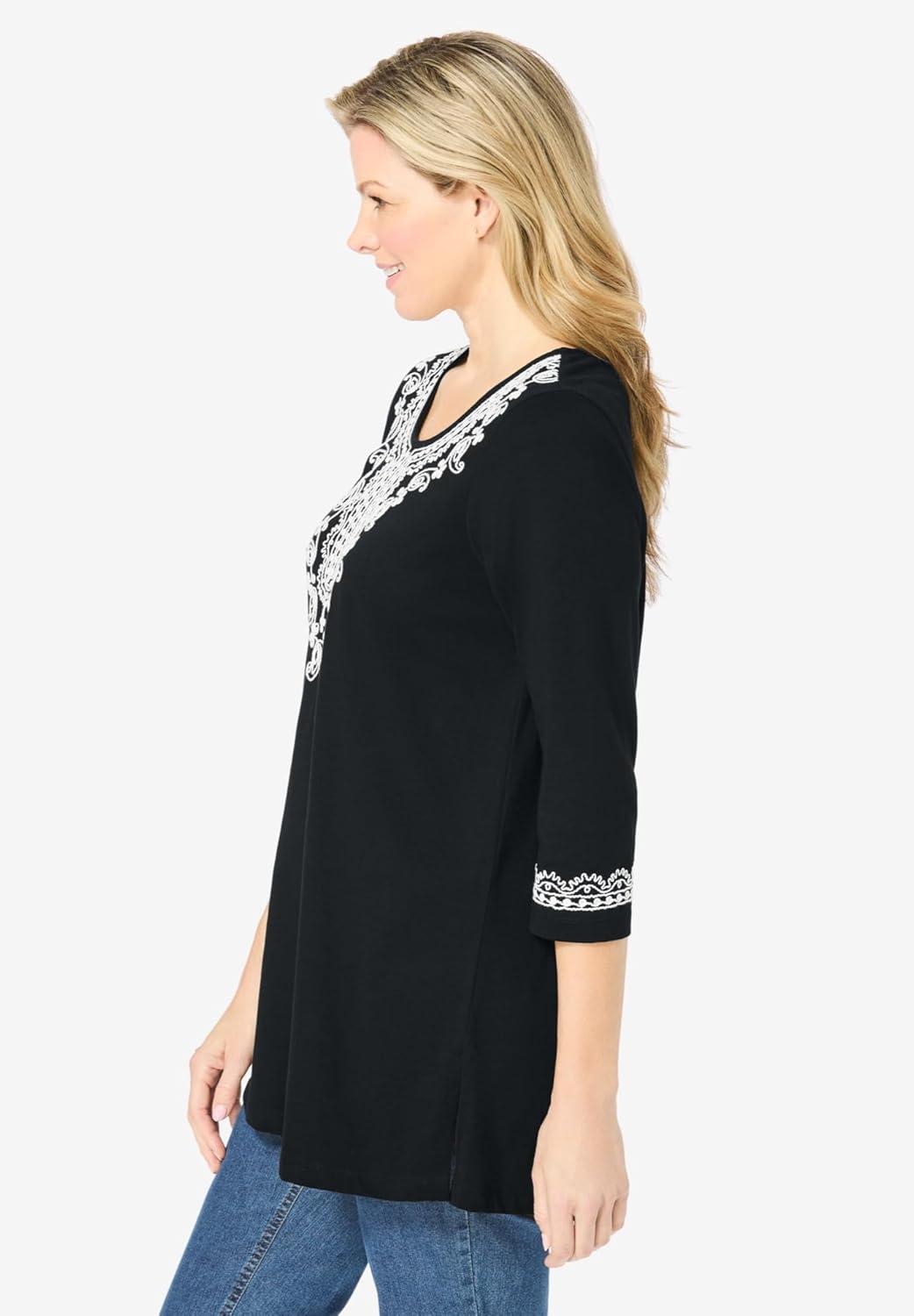 Woman Within Women's Plus Size Embroidered Knit Tunic - 18/20, Black