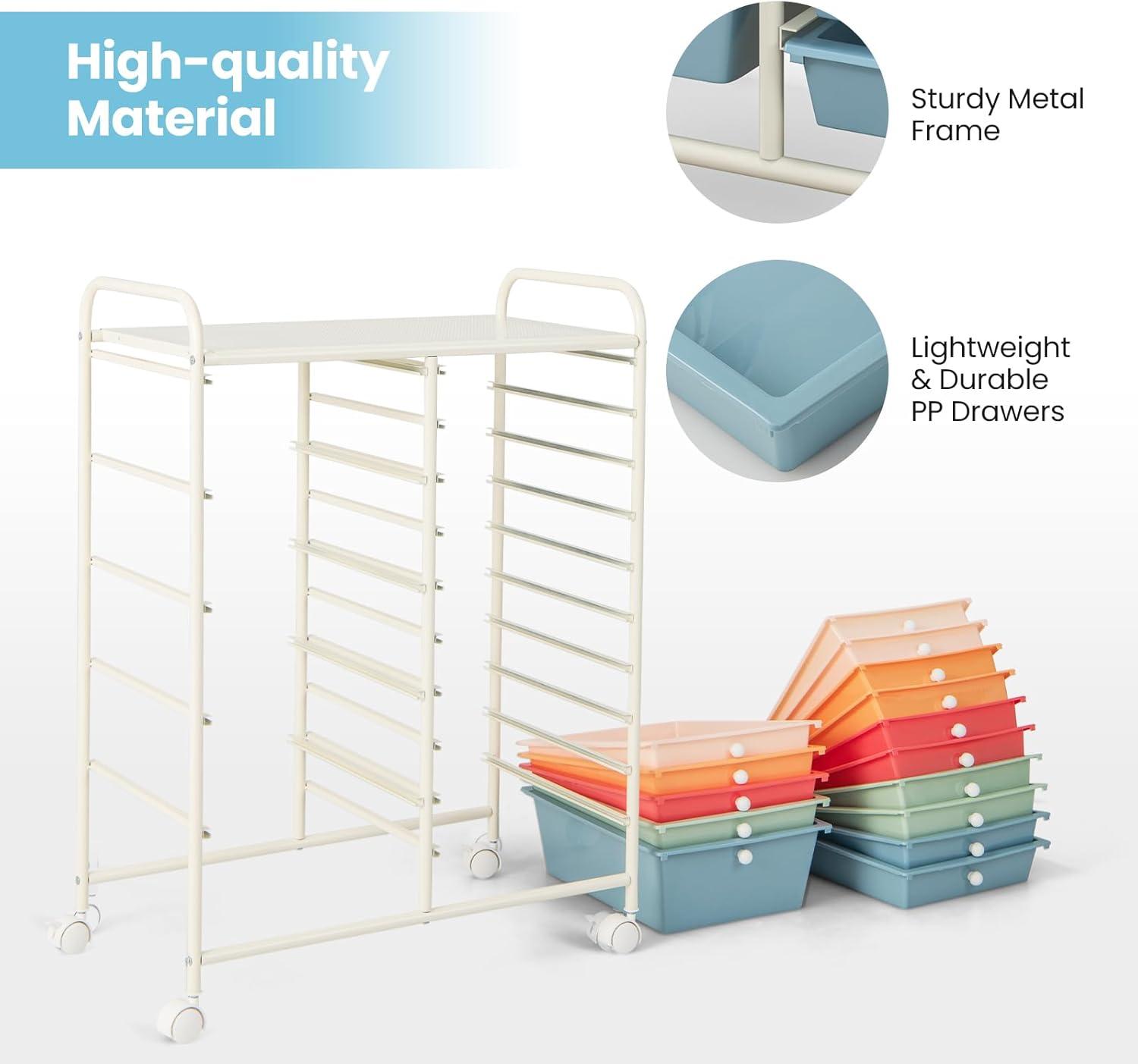 Multicolor 15-Drawer Rolling Storage Cart with Metal Frame