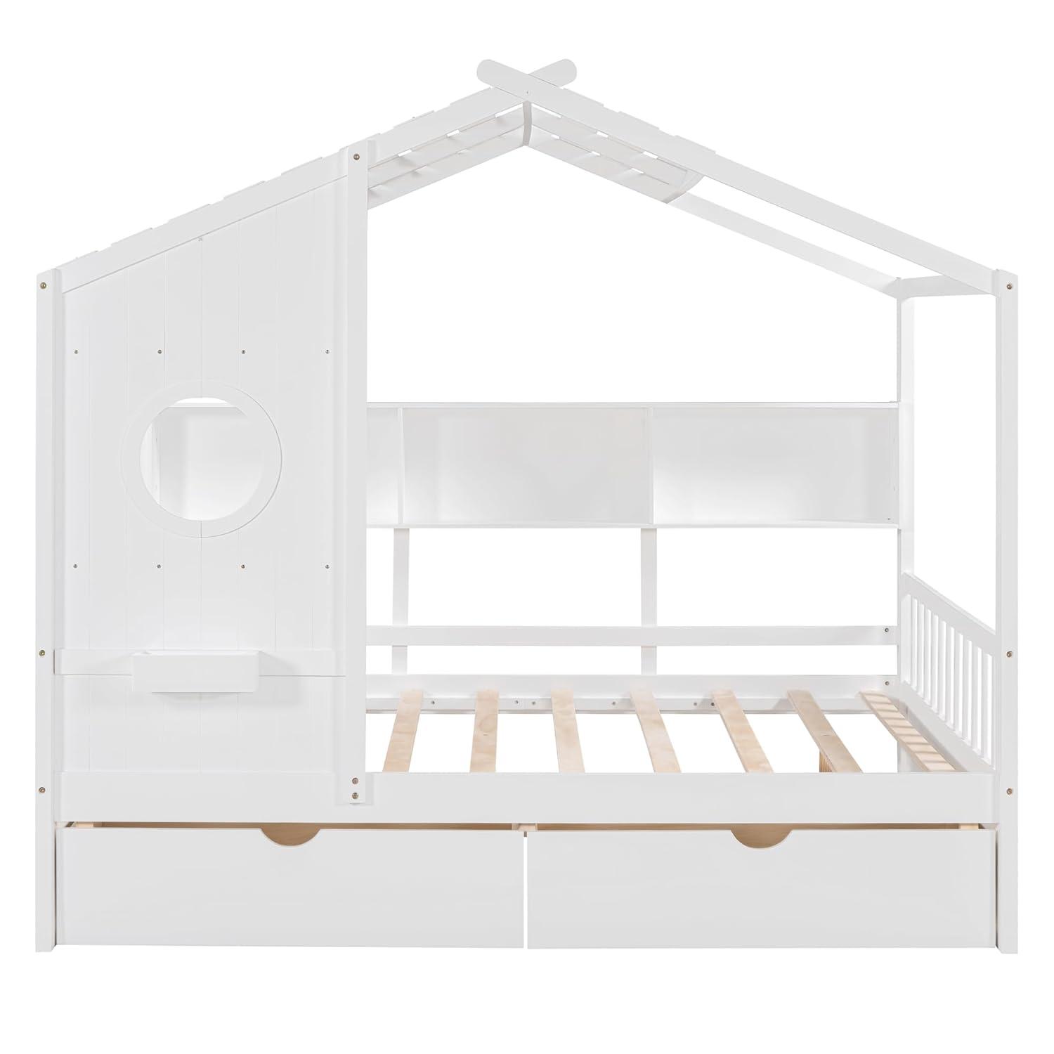 Harper & Bright Designs Wooden Full Size House Bed Frame with 2 Drawers for Boys Girls Kids Toddler,Kids Bed with Storage Shelf, White