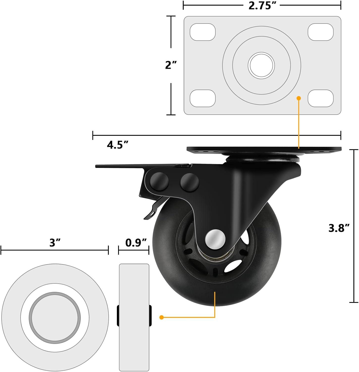Apllamo 3" Casters Set of 4 ，4 Heavy Duty Quiet Casters, Max Load 2000LBS. Suitable to do Soft Wheels for cart, Glide Quietly and Protect The Floor, casters Set of 4 Heavy Duty.