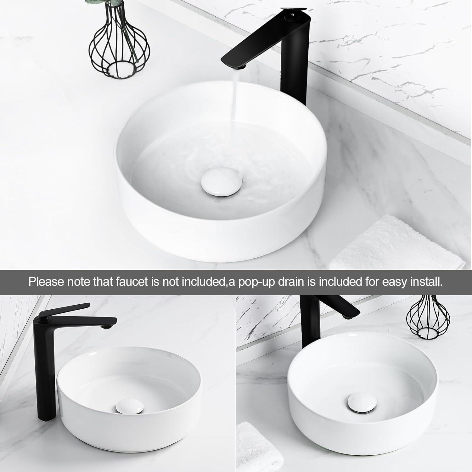 Davivy 14.2'' White Ceramic Circular Vessel Bathroom Sink with Pop Up Drain