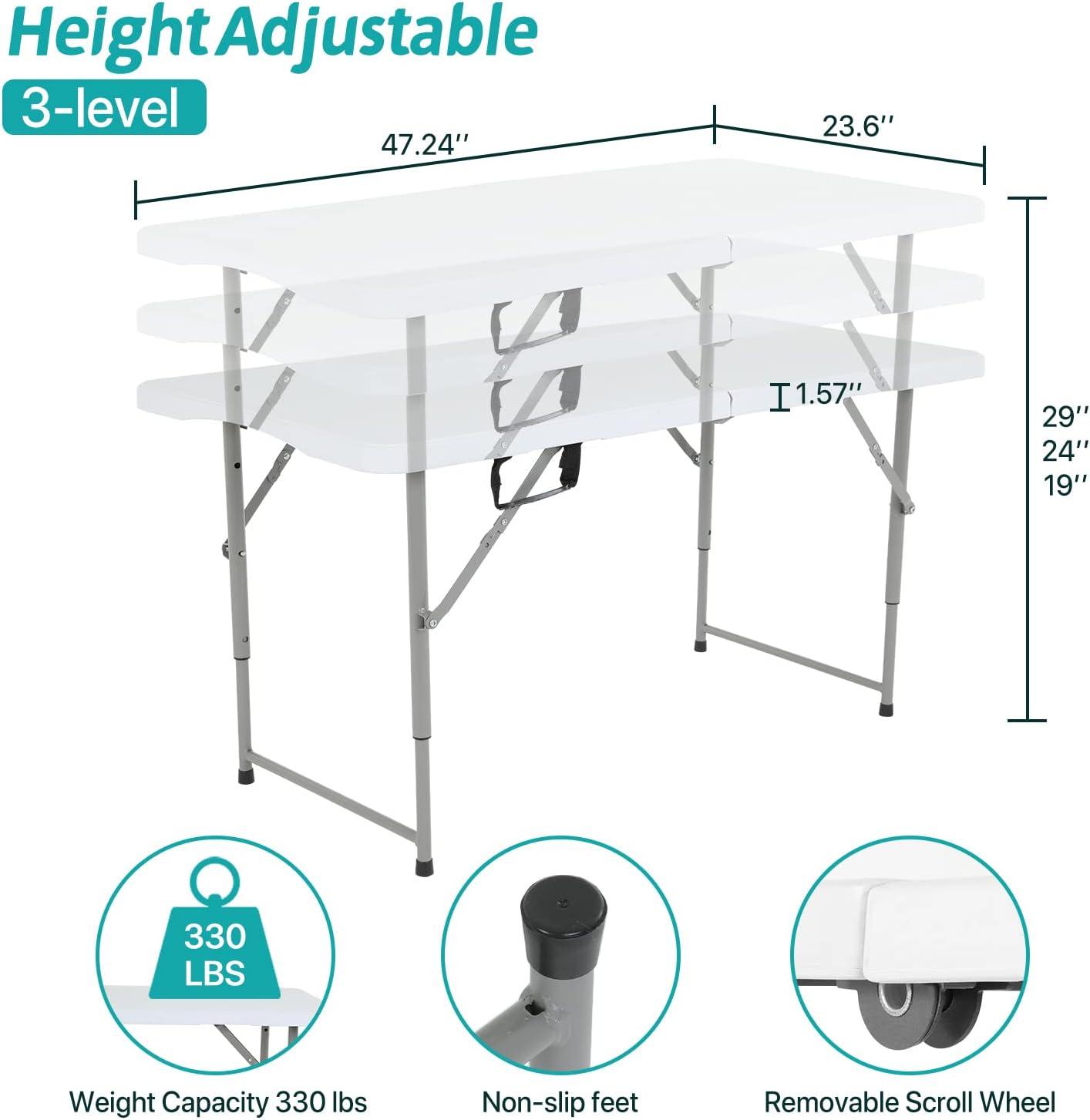 CL.HPAHKL 4 ft Folding Table with 3 Adjustable Height, Small Plastic Foldable Table with Carrying Handle, Portable Camping Table Fold in Half for Indoor Outdoor Camping, Picnic and Party, White