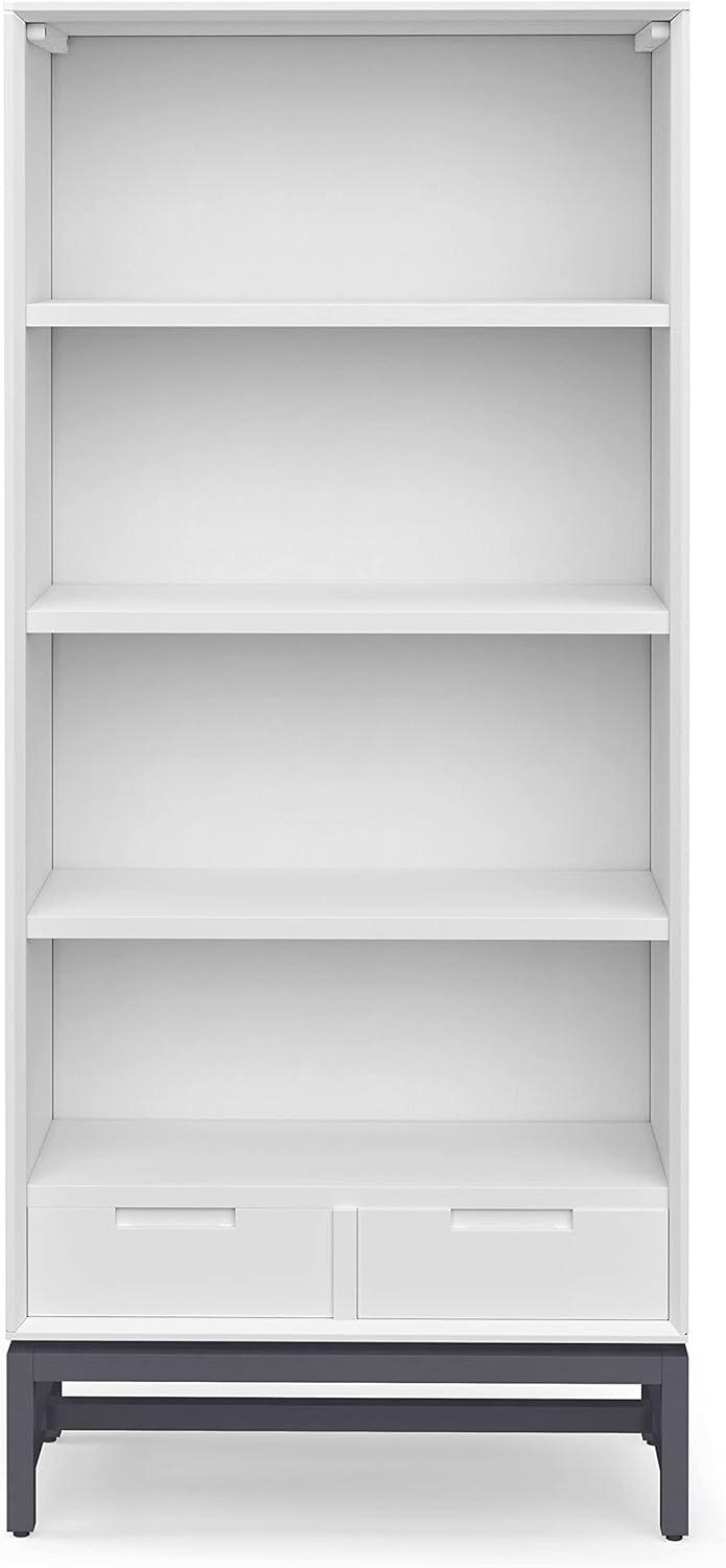 Simpli Home Banting 30"W Solid Wood 4 Shelf Industrial Bookcase with 2 Drawers, Adjustable Shelves, and Metal Base