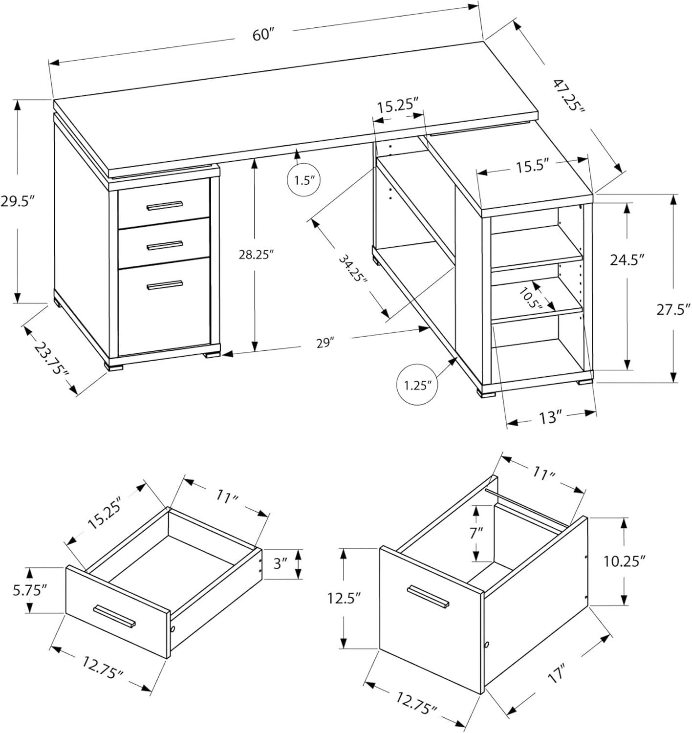 Monarch Specialties Computer Desk, L-Shaped, Corner, 3 Drawers 2 Open Shelves 3 Cubbies, 60"L X 47"W