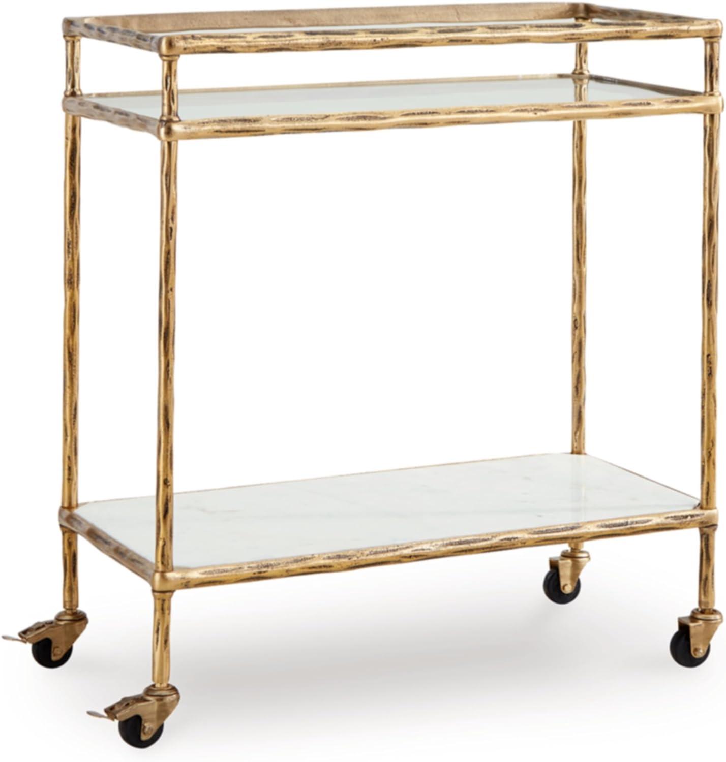 Signature Design by Ashley Kailman Bar Cart Gold Finish: Modern Mirrored Glass Beverage & Cocktail Cart with Locking Casters