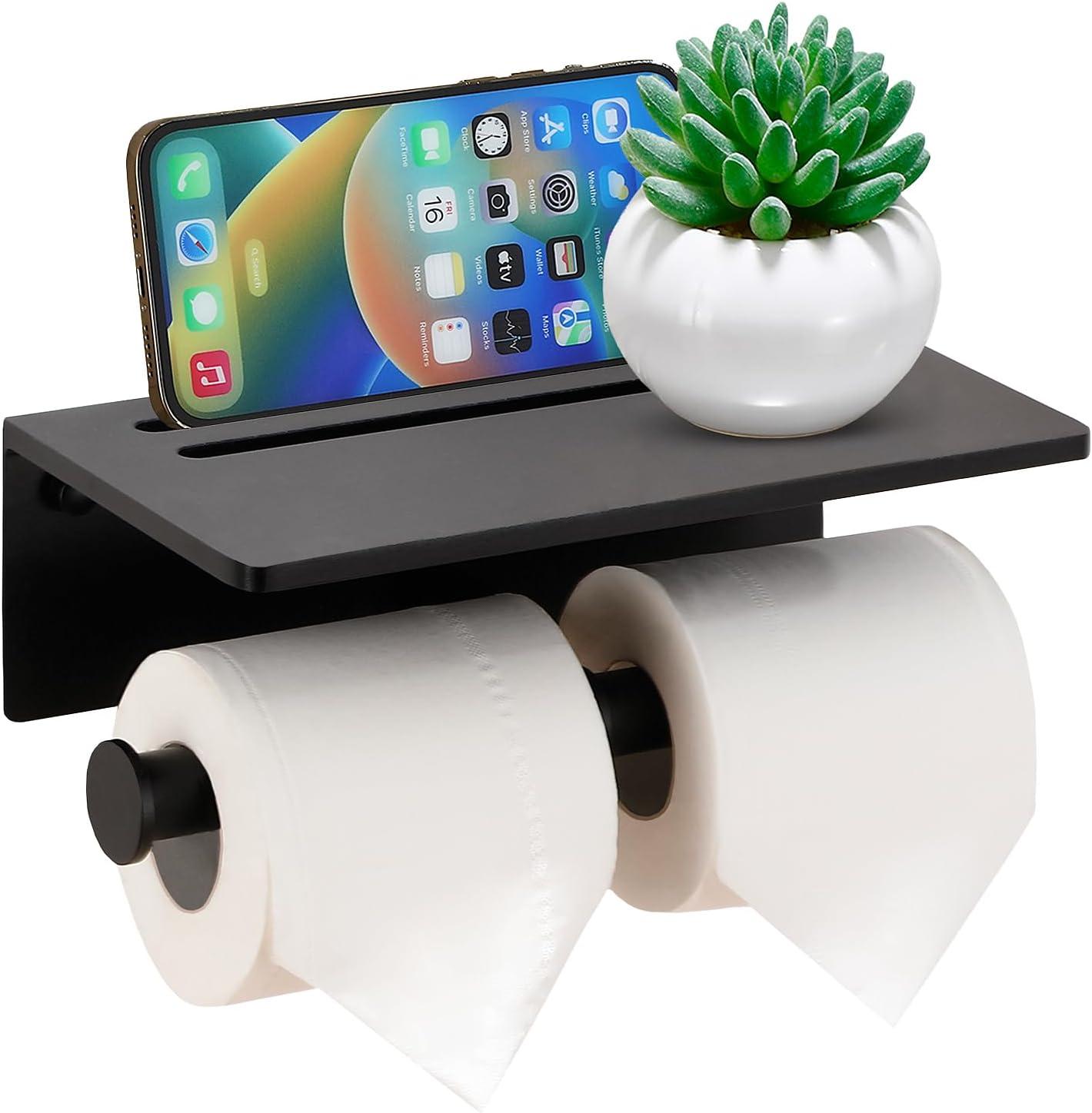 Black Aluminum Double Roll Toilet Paper Holder with Shelf