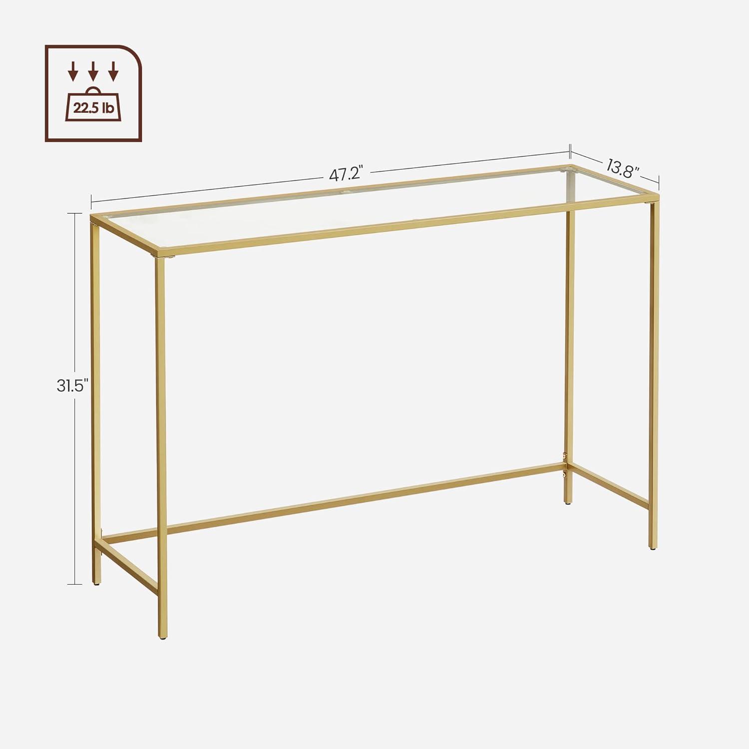 VASAGLE Console Sofa Table, Modern Entryway Table, Tempered Glass Table, Metal Frame 13.8 x 39.4 x 31.5 inches Gold