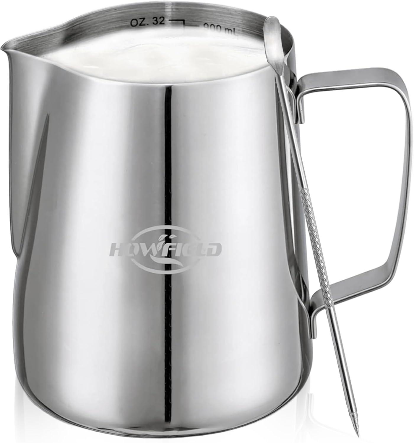 12oz (350ml) Milk Frothing Pitcher 304 Stainless Steel Steaming Jug with Latte Art Pen Anti-Scald Handle & Scale Barista Frother Cup for Cappuccino, Latte, Coffee Accessories