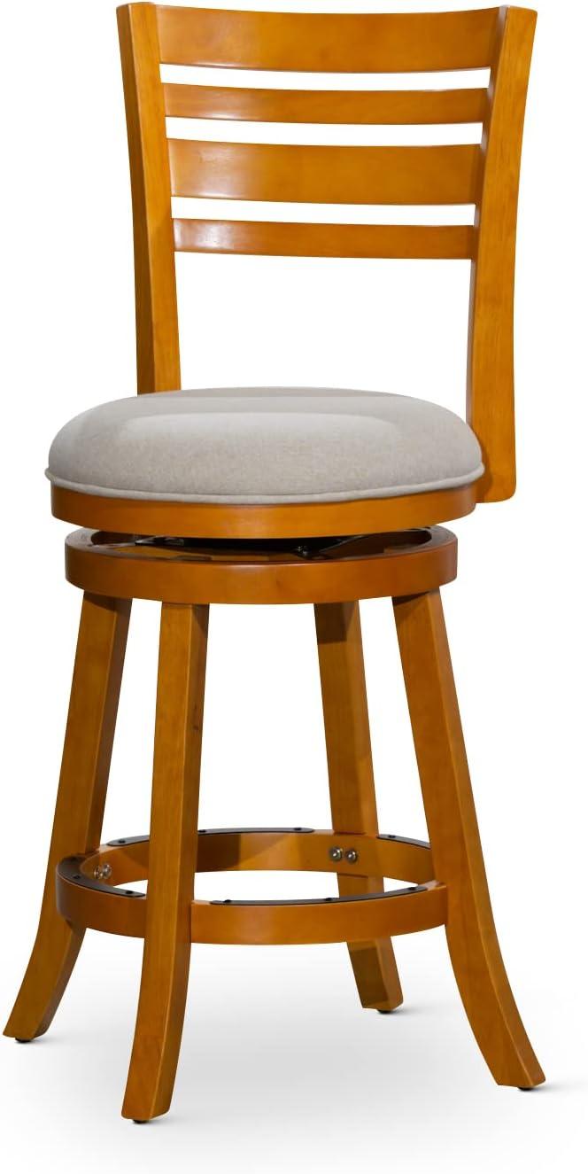 Natural Beige Wood and Leather Swivel Saddle Bar Stool