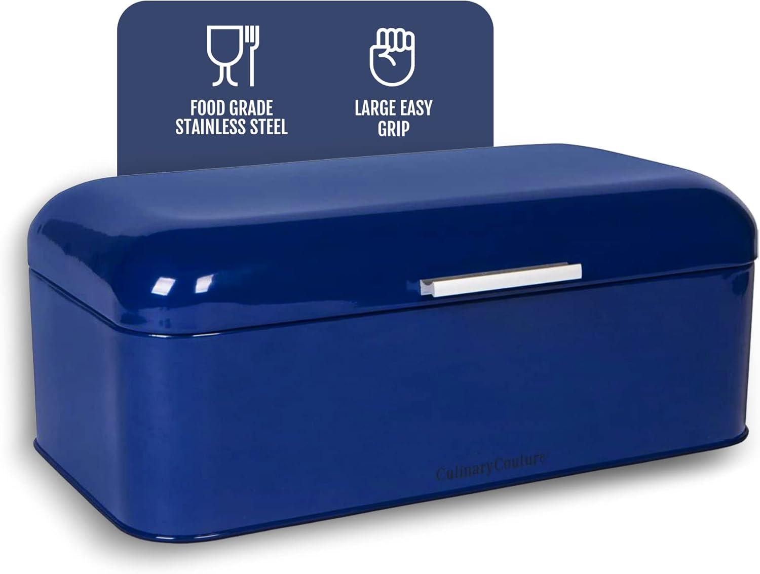 Culinary Couture Extra Large Blue Bread Box for Kitchen Countertop - Holds 2 Loaves - 16.5" x 9" x 6.5" - Stainless Steel Vintage Bread Boxes for Kitchen Counters