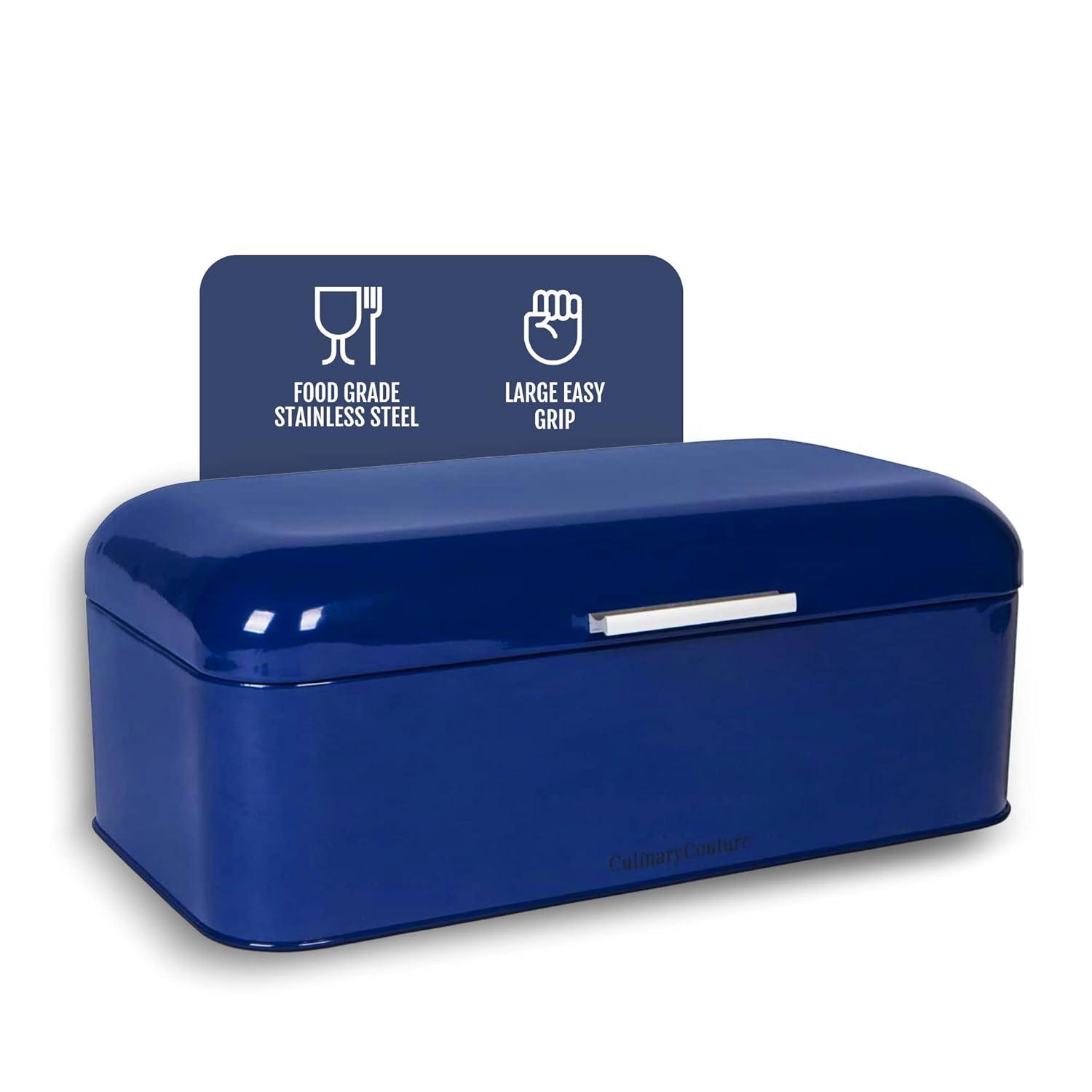 Culinary Couture Extra Large Blue Bread Box for Kitchen Countertop - Holds 2 Loaves - 16.5" x 9" x 6.5" - Stainless Steel Vintage Bread Boxes for Kitchen Counters