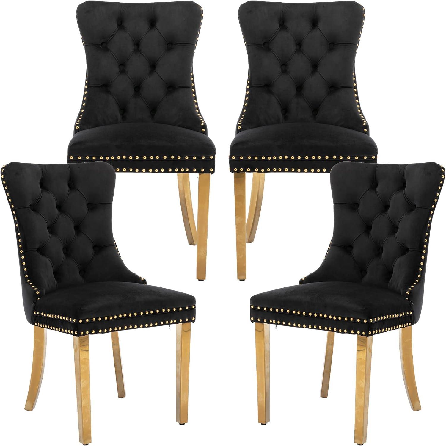 ODUSE-DAILY Black Velvet Dining Chairs Set of 4, Kitchen & Dining Room Chairs, Nailheads Tufted, Sillas De Comedor, Fabric Upholstered, Golden Metal Legs (Black, 4 Pcs)