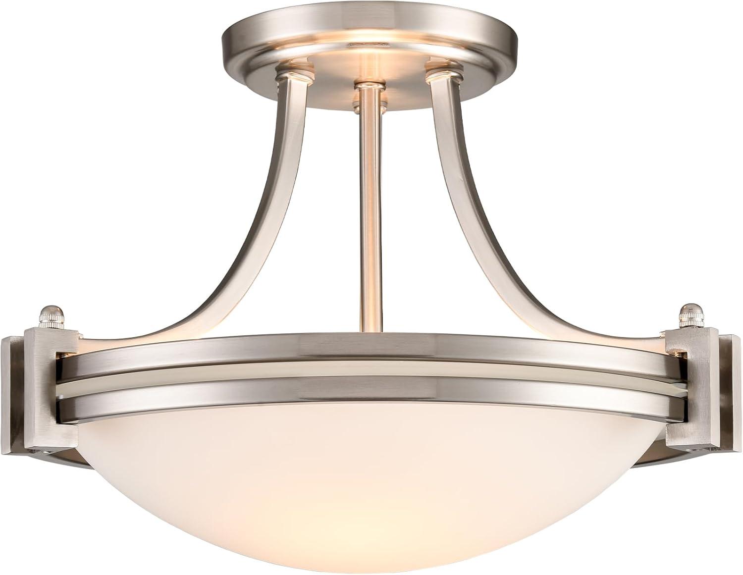 Brushed Nickel Semi Flush Mount Light 2-Light Milk Glass Ceiling Light Round Shape