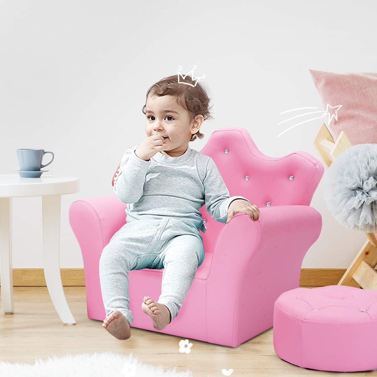 Pink Princess Leather Armchair with Ottoman and Diamond Accents