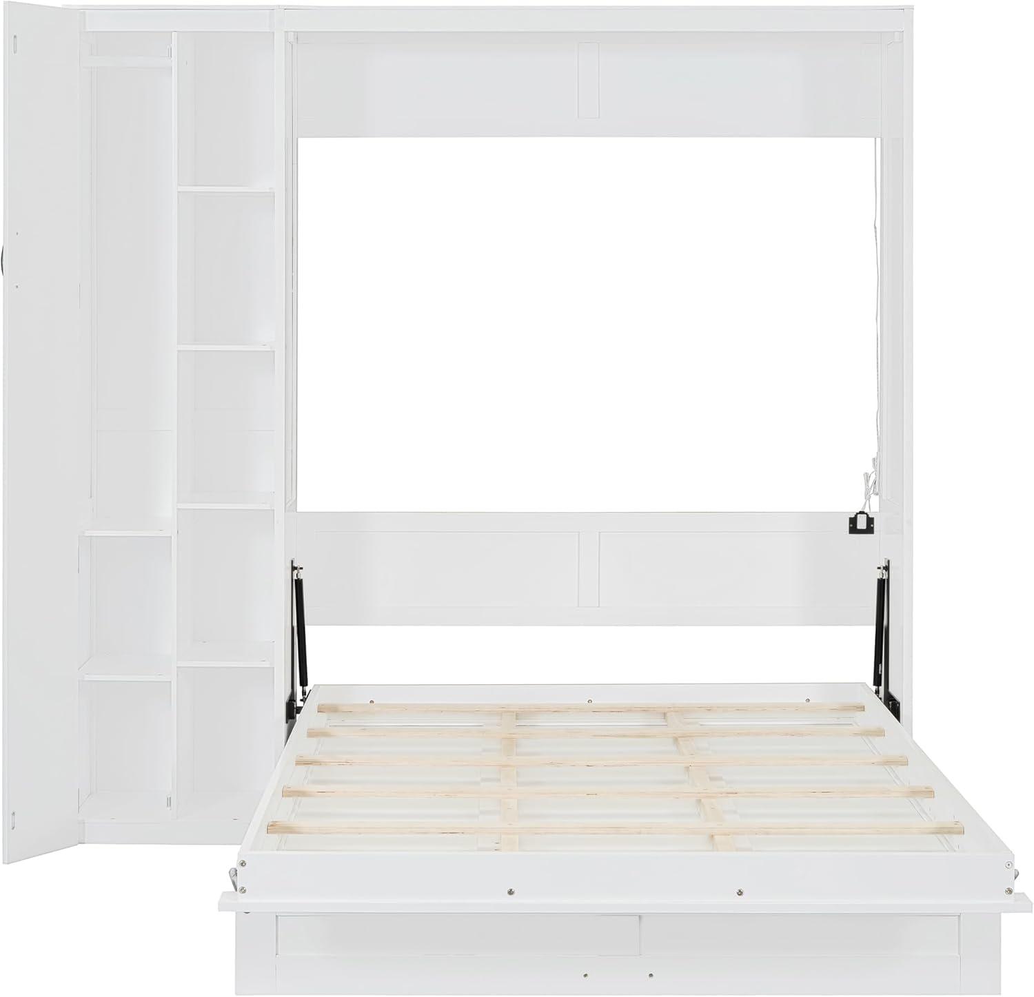 P PURLOVE Murphy Bed Full, Wood Wall Bed with Shelves, Wardrobe and LED Lights, No Box Spring Needed (Gray)