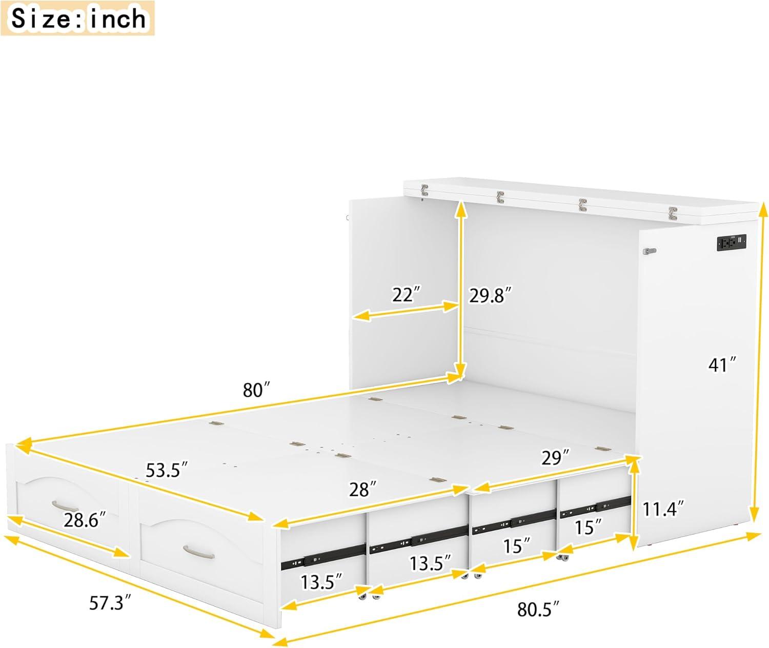 Harper & Bright Designs Full Size Murphy Bed Wall Bed with Storage Drawers, Wood Murphy Bed Chest with Sockets & USB Ports, Pulley Structure Design, White