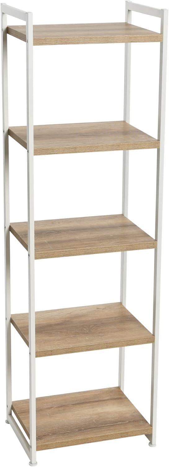 Coastal Oak and White Metal 5-Shelf Narrow Tower Bookshelf