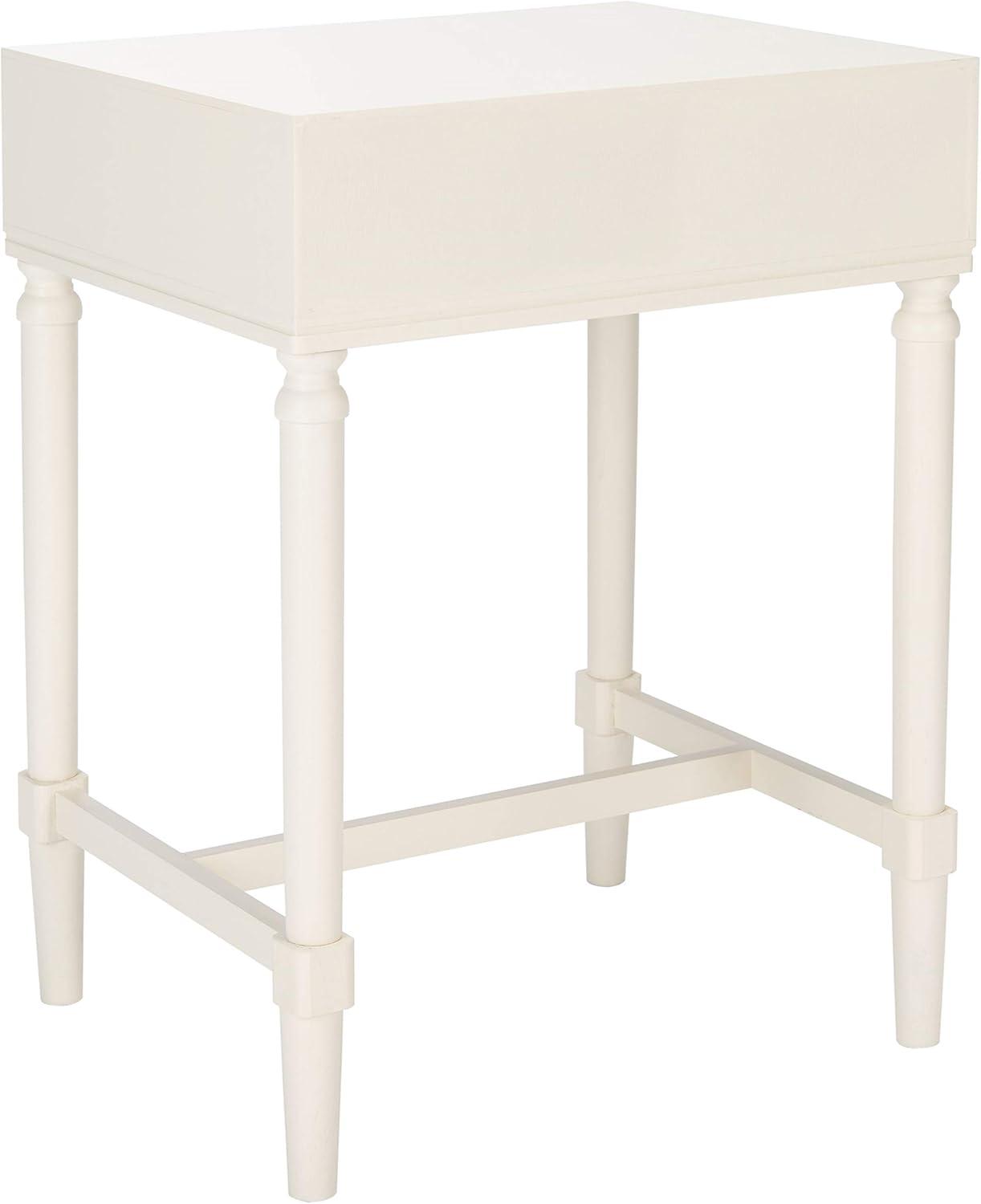 Elegant White Wood Accent Table with Carved Details and Storage Drawer