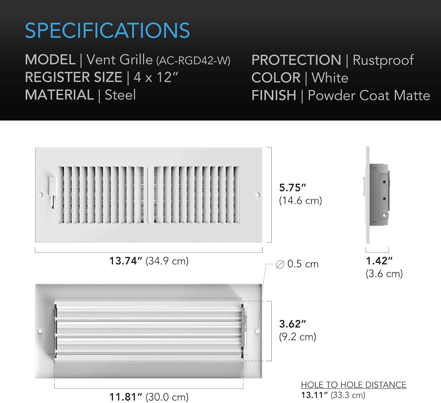 AC Infinity White 4wx12L Heating & Cooling Register for Ceiling, Wall and Floor