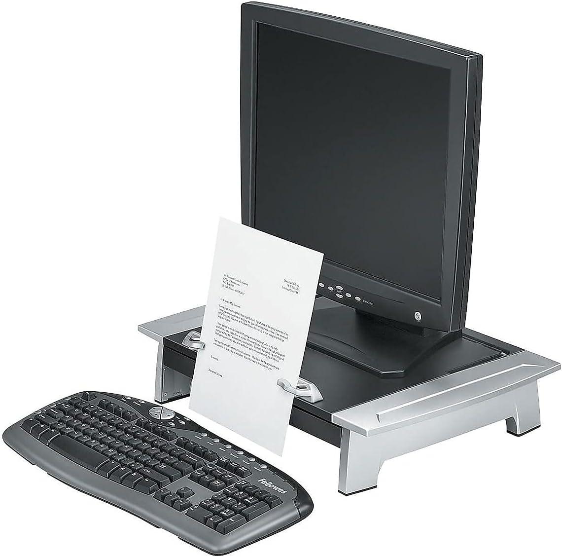 Black and Silver Adjustable Monitor Riser with Document Holder