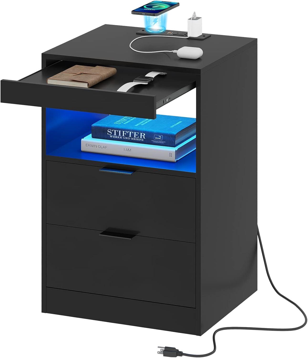 Exlonjet Black Nightstand with Wireless Charging Station and LED Lights, Bedside Table with 2 Drawers, Open Storage, 1 Pull-Out Tray, End Side Table with Charging Station, LED Night Stand with Storage