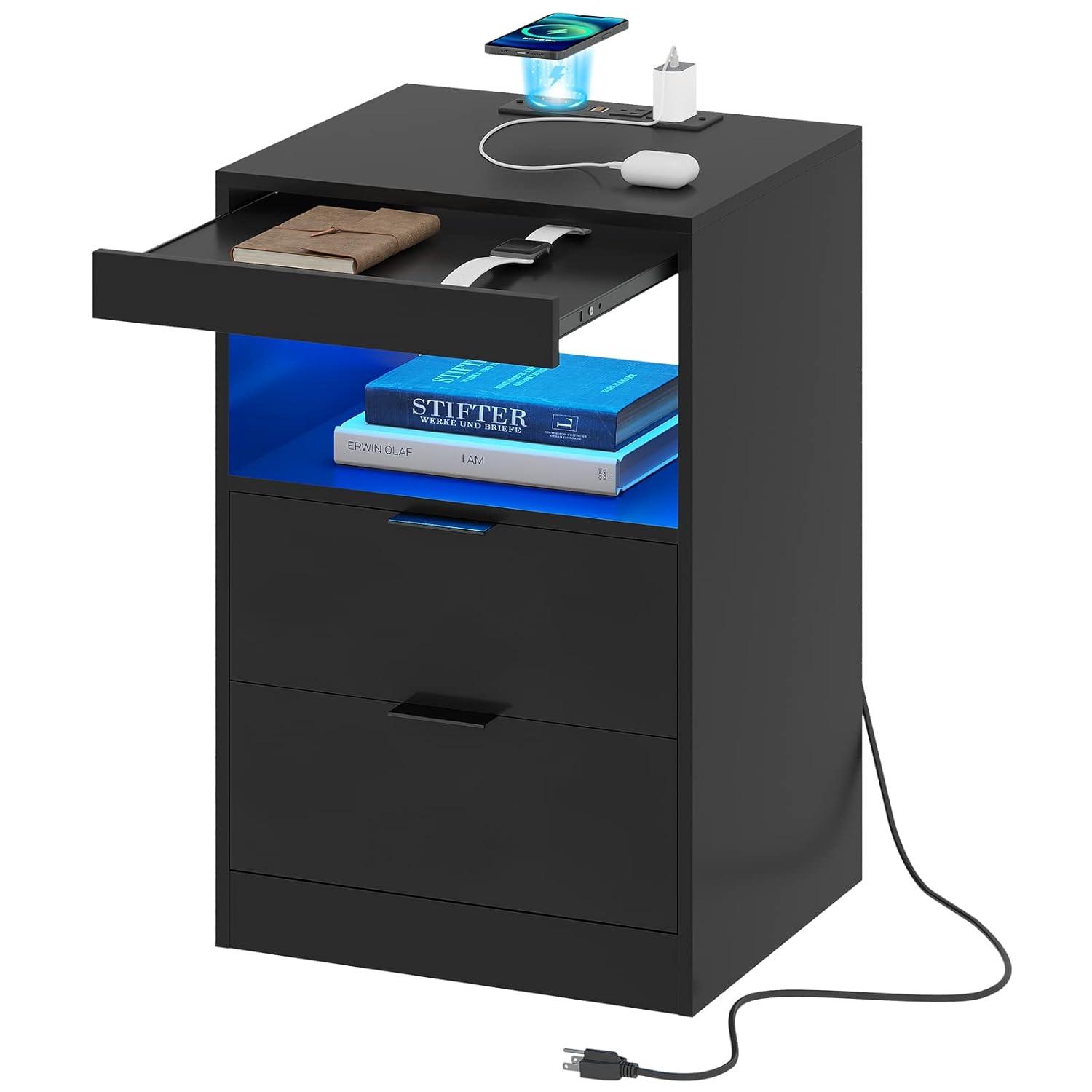 Exlonjet Black Nightstand with Wireless Charging Station and LED Lights, Bedside Table with 2 Drawers, Open Storage, 1 Pull-Out Tray, End Side Table with Charging Station, LED Night Stand with Storage