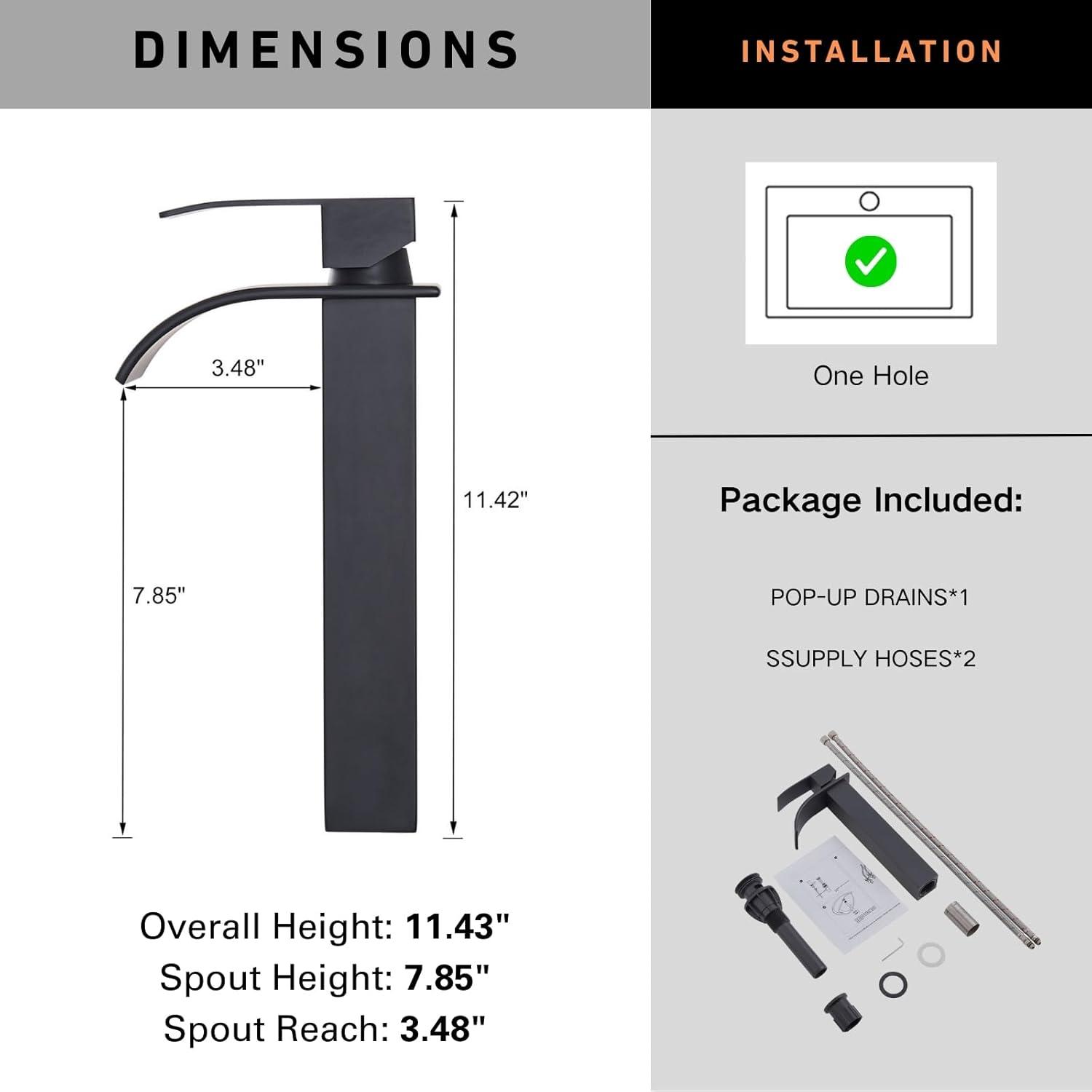 Waterfall Bathroom Faucet Single Handle，Bathroom Sink Faucet 1 Hole，Waterfall Faucet for Bathroom Sink，Vessel Sink Faucet Matte Black Tall Bathroom Faucet