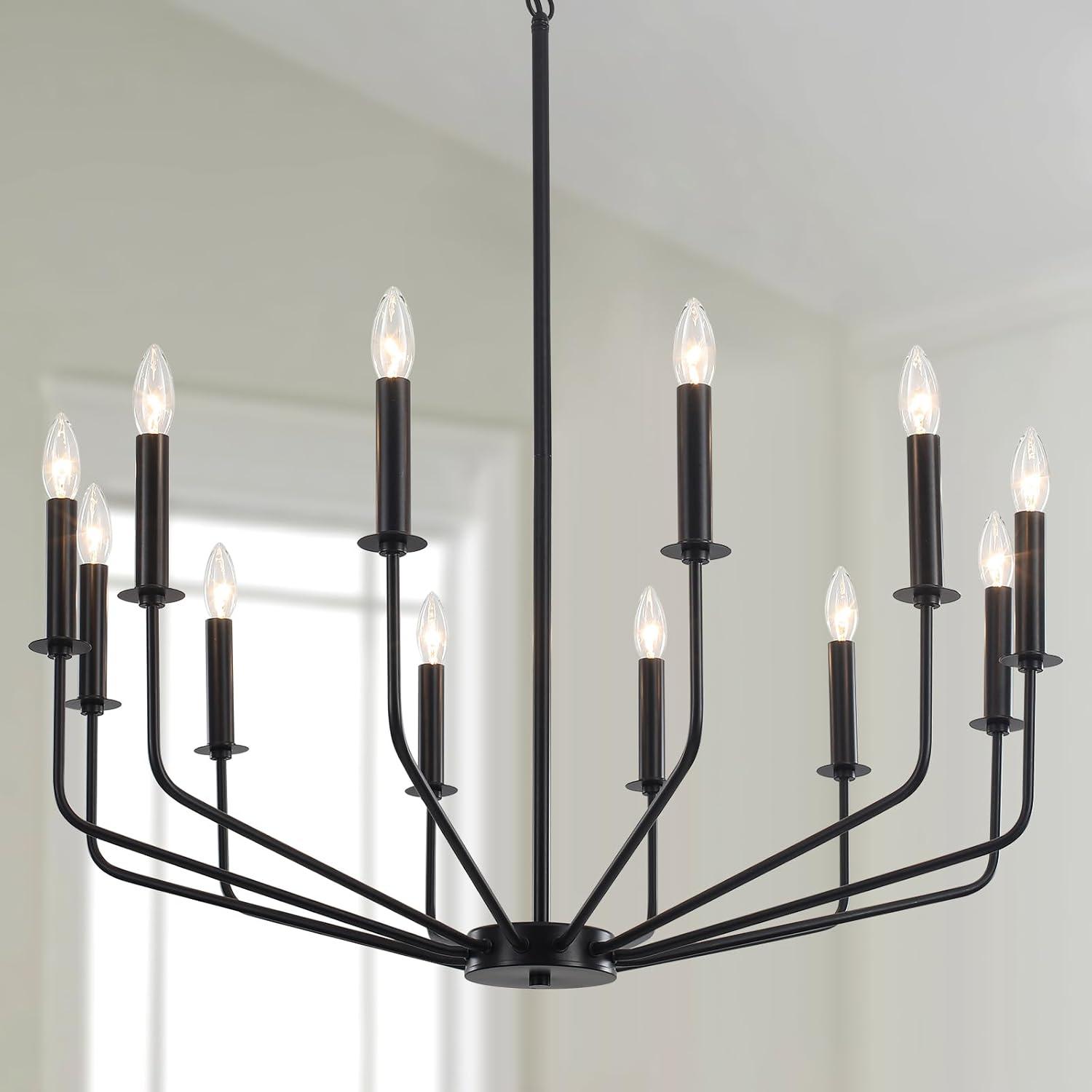 Farmhouse Black Large Chandelier Light Fixture for Dining Room,12 Light Round Matte Candle Modern Chandelier Pendant Light Fixture for Living Room Bedroom Kitchen Foyer Entryway.