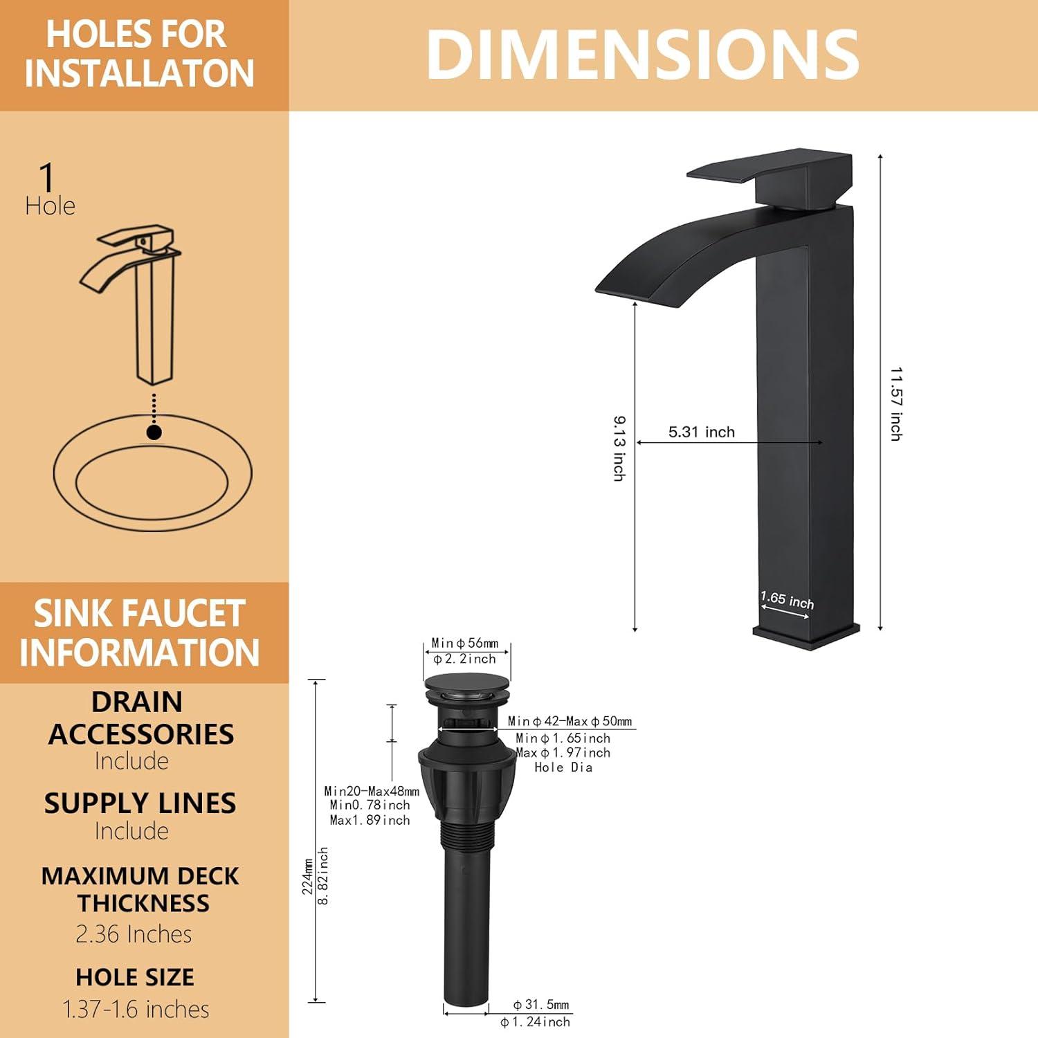 Waterfall Bathroom Faucet Single Handle，Bathroom Sink Faucet 1 Hole，Waterfall Faucet for Bathroom Sink，Vessel Sink Faucet Matte Black Tall Bathroom Faucet