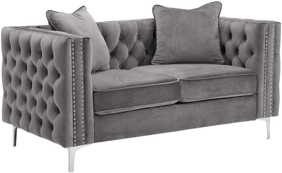 Elegant 63'' Gray Velvet Tufted Loveseat with Nailhead Trim