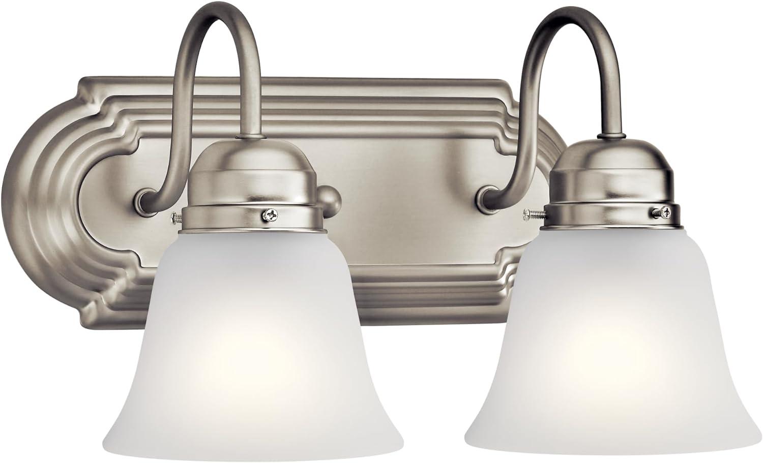 Classic 12.25" Distressed Bronze Vanity Light with White Bell Shades