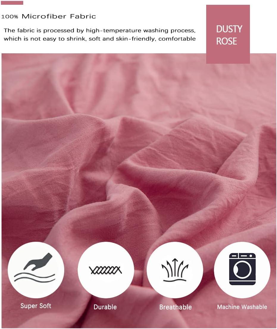 IHOUSTRIY Duvet Cover King Size,100% Washed Microfiber 3pcs Bedding Duvet Cover Set, Pom Poms Fringe Solid Color Soft and Breathable with Zipper Closure & Corner Ties (Dusty Rose, King)