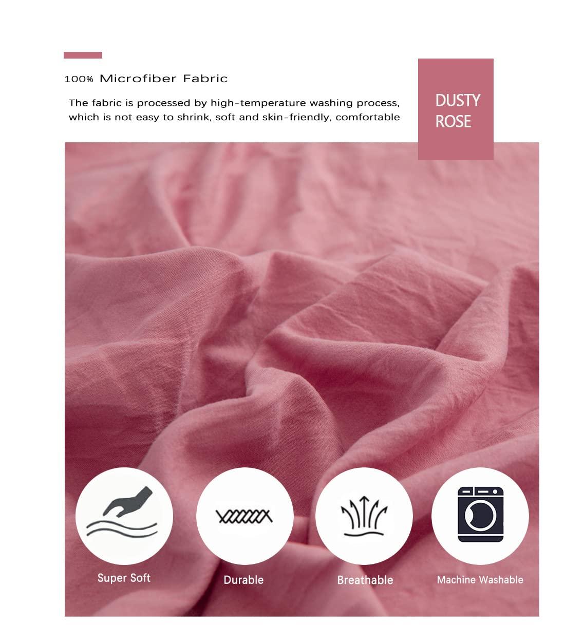IHOUSTRIY Duvet Cover King Size,100% Washed Microfiber 3pcs Bedding Duvet Cover Set, Pom Poms Fringe Solid Color Soft and Breathable with Zipper Closure & Corner Ties (Dusty Rose, King)