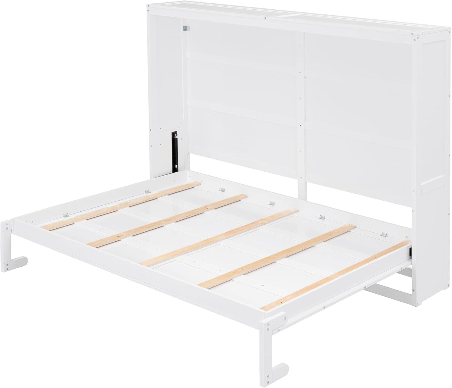 Queen Size Murphy Bed Chest, Wood Platform Bedframe with Dual Piston Metal Folding Mechanism Designed for Home Office Small Room, Saving Space & No Box Spring Needed, White