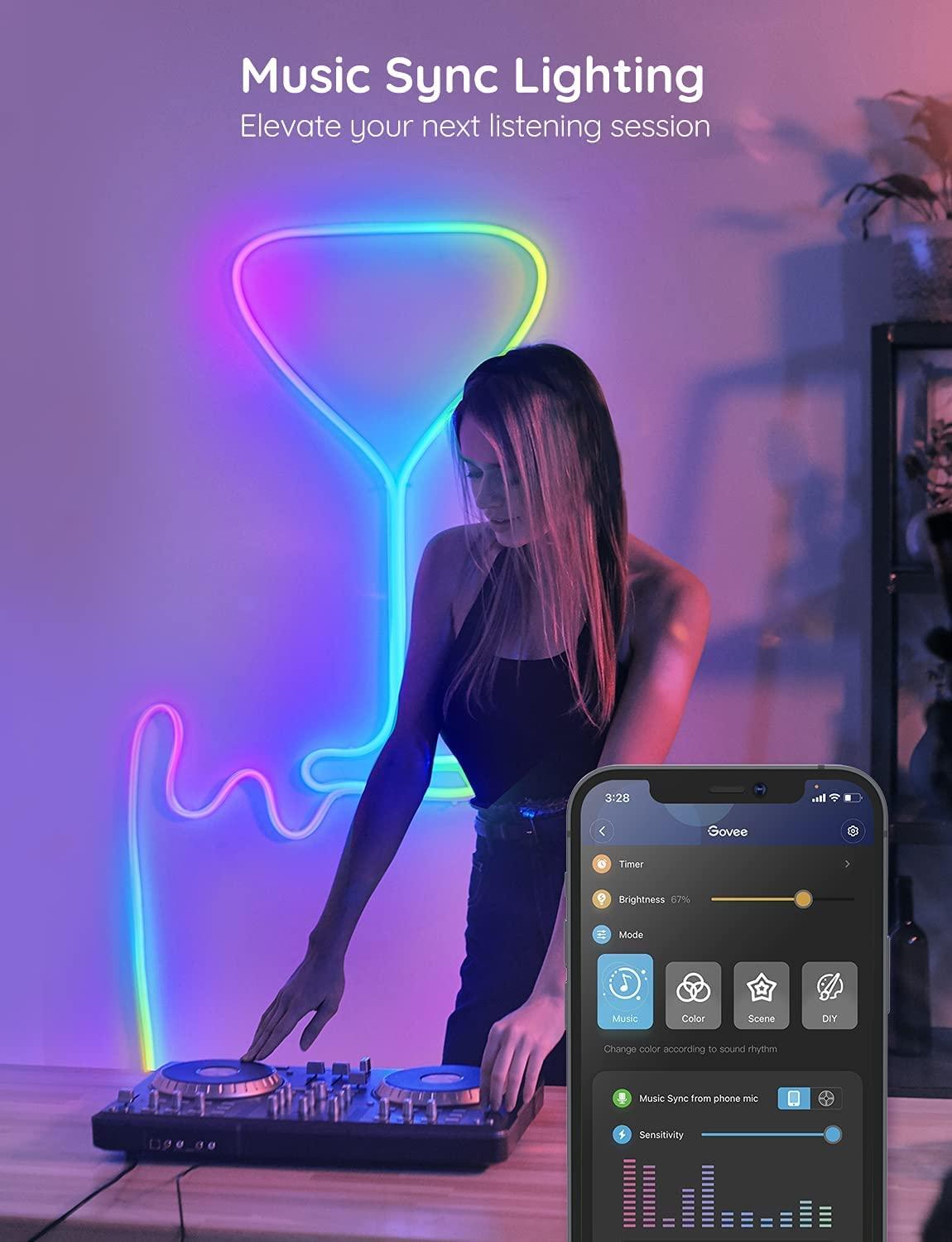 Govee RGBIC Neon Rope Light, 10ft LED Strip Lights, Music Sync, DIY Design, Works with Alexa, Google Assistant, Neon Lights for Gaming Room Living Bedroom Wall Decor (Not Support 5G WiFi)