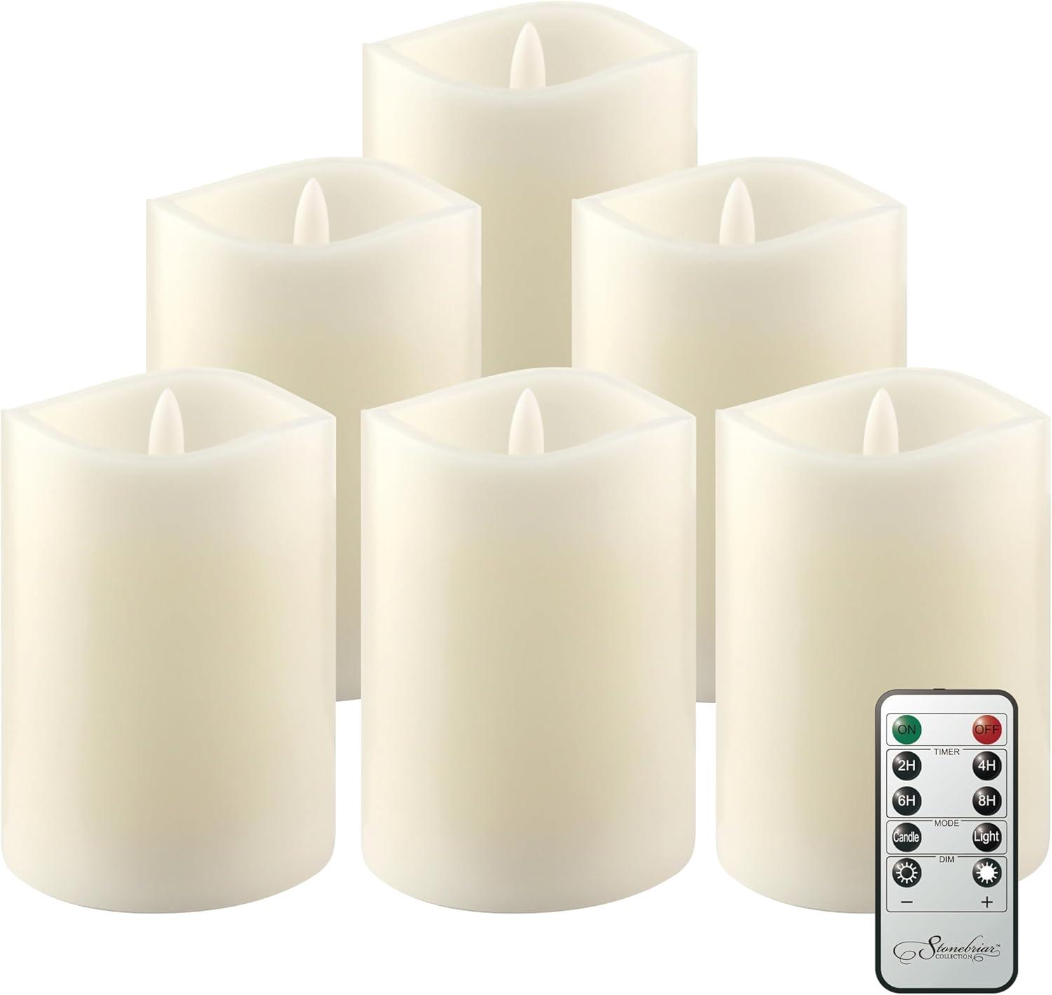 Stonebriar Flameless LED 3"x 4" off-White Real Wax Pillar Candle with Timer and Remote, 6 Pack