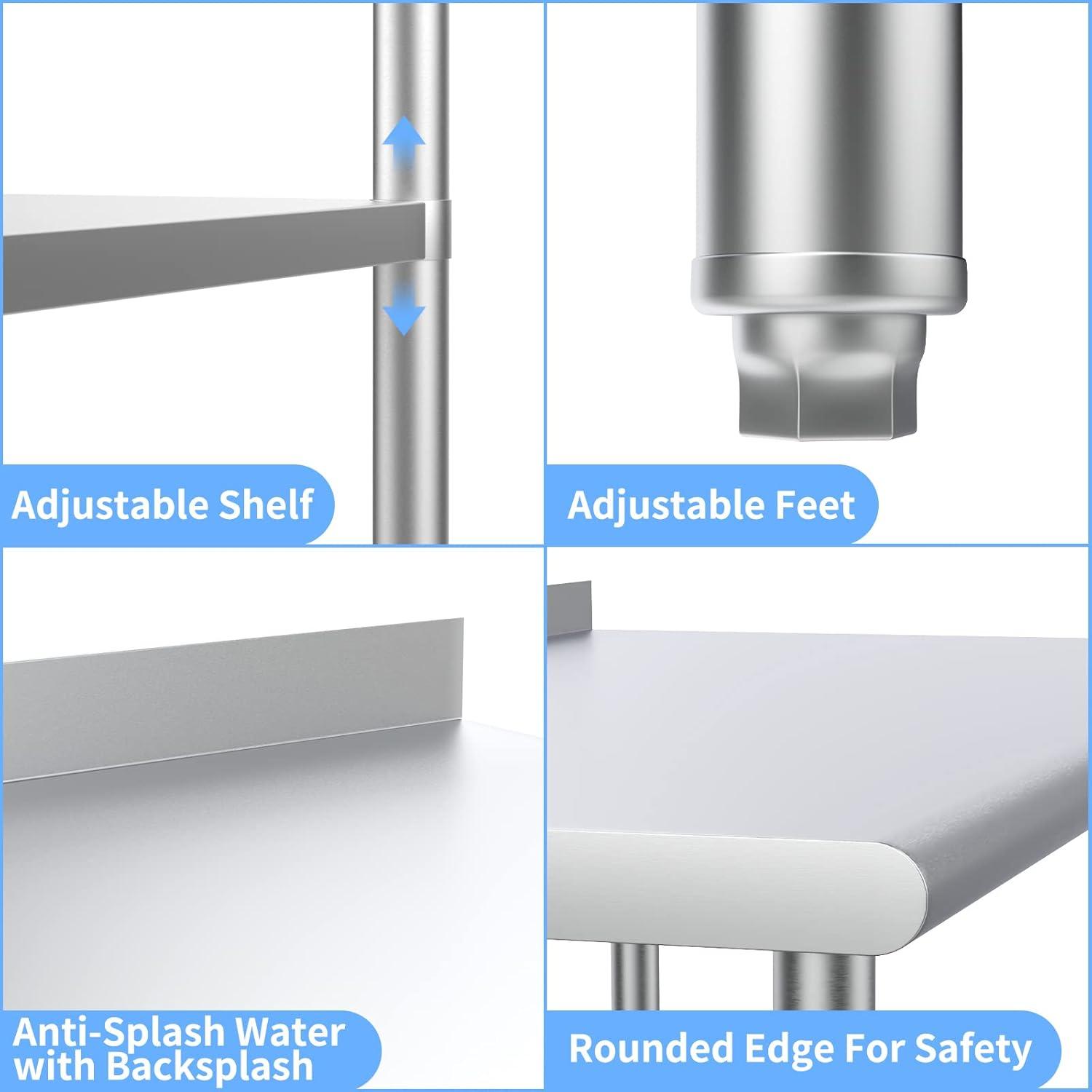 72-Inch Stainless Steel Work Table with Adjustable Undershelf and Backsplash