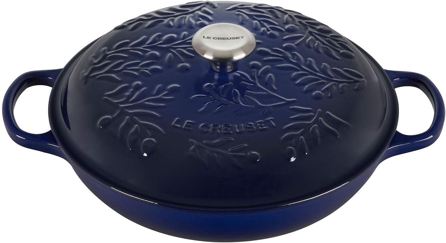 Indigo Cast Iron Round Braiser with Embossed Olive Branch Design