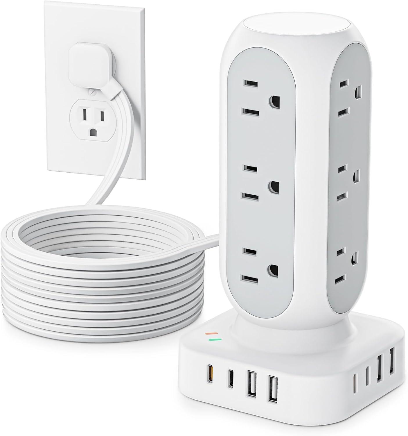 White 12-Outlet Power Strip Tower with 10 ft. Cord