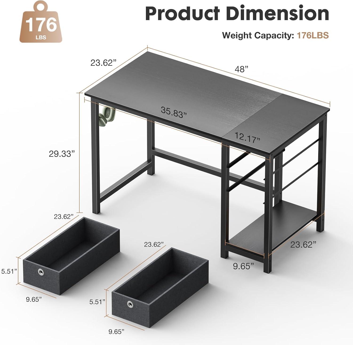 Computer Desk with Drawers 48 Inch Office Writing Work Kids Study 2-Tier Wood Corner Table with Storage Drawers Shelf for Bedroom Home Office - Black