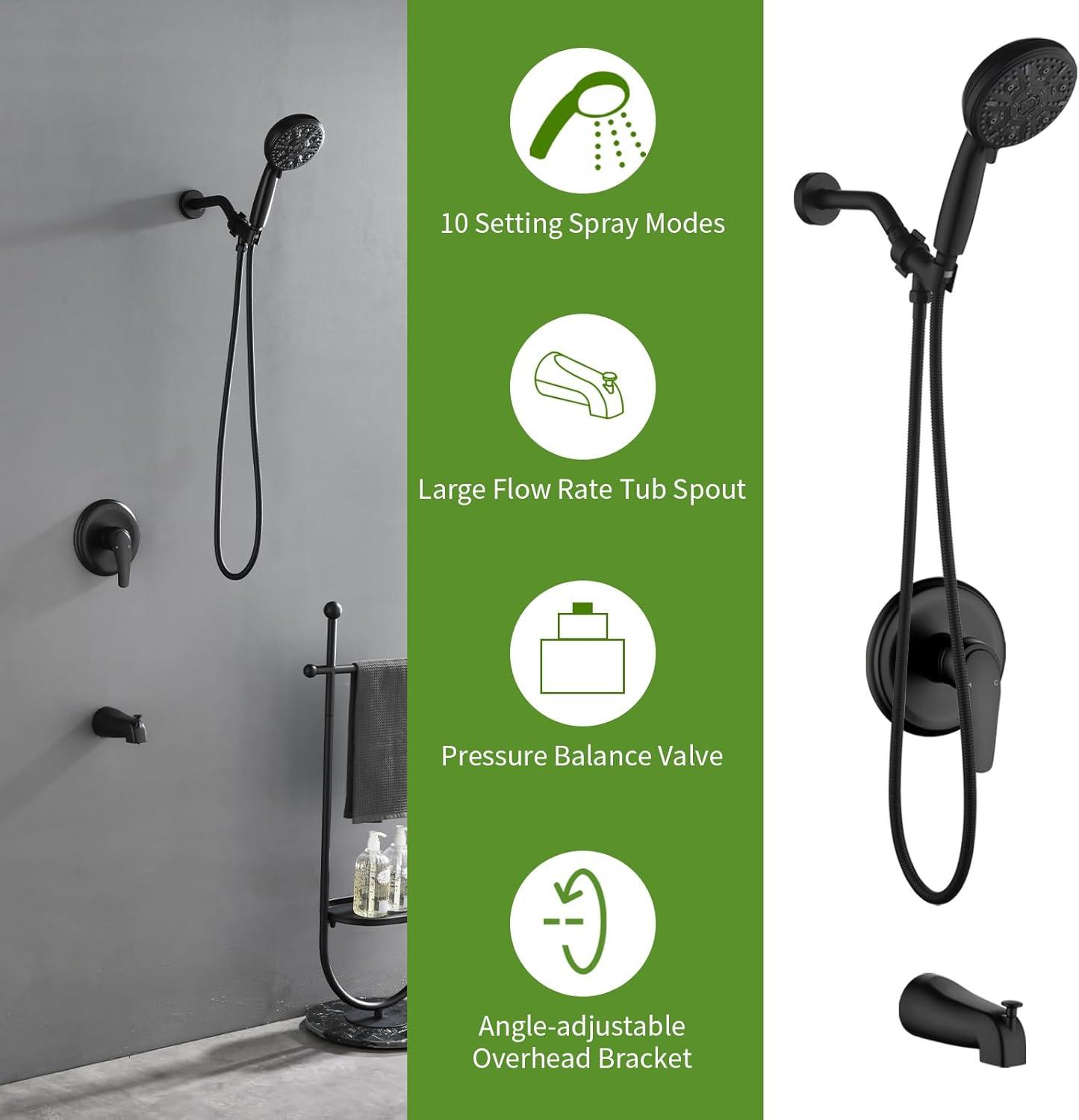 Tub Shower Faucet Set with 10 Spray Handheld Shower Matte Black Shower Head and Handle Set Shower System with Tub Spout 4.7 Inch Shower Handheld Shower Fixtures Tub and Shower Trim Kit